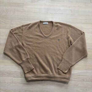Vintage Izod Lacoste Cashmere V-Neck Sweater Camel Tan Crocodile Large